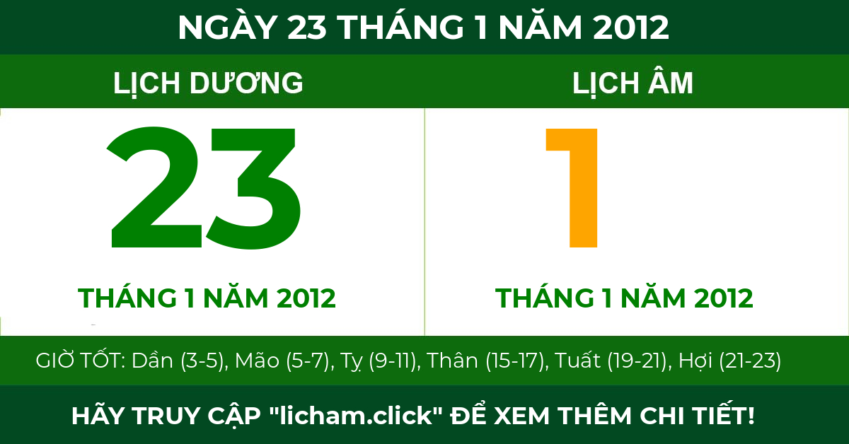 lịch âm ngày 23 tháng 1 năm 2012