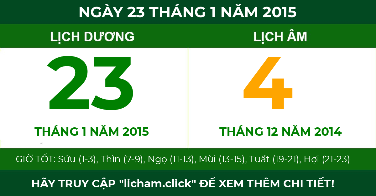 lịch âm ngày 23 tháng 1 năm 2015