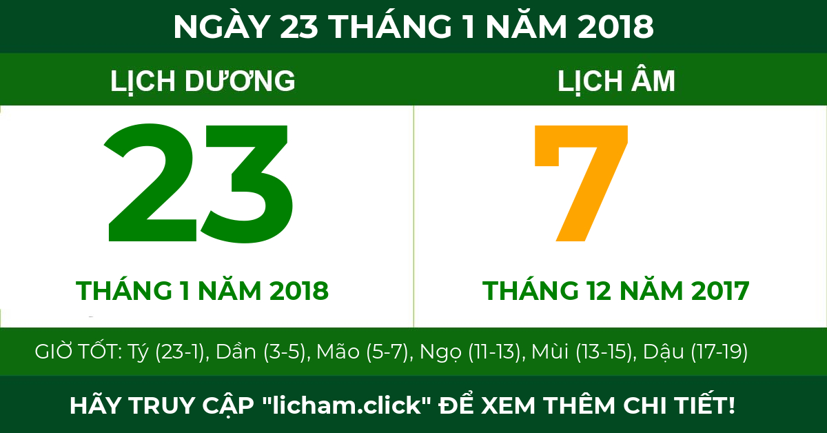 lịch âm ngày 23 tháng 1 năm 2018