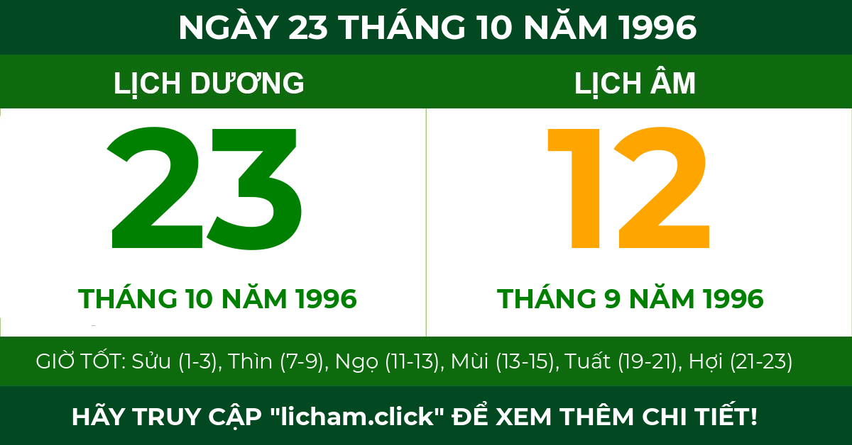 lịch âm ngày 23 tháng 10 năm 1996