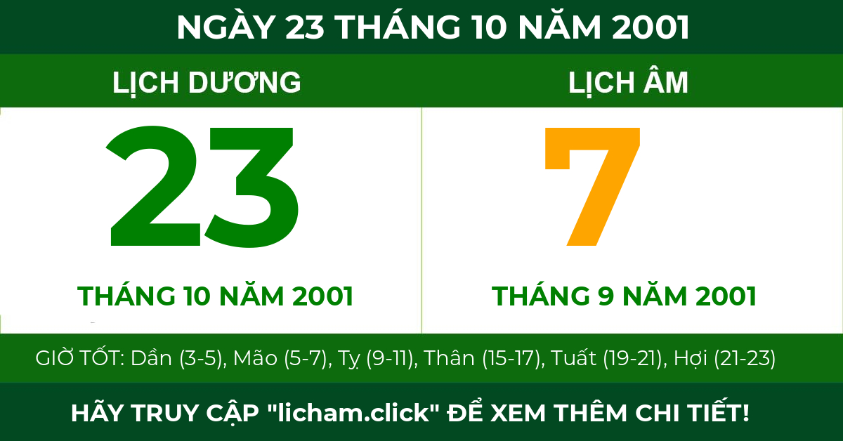 lịch âm ngày 23 tháng 10 năm 2001