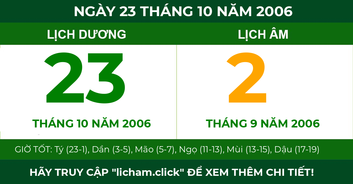 lịch âm ngày 23 tháng 10 năm 2006