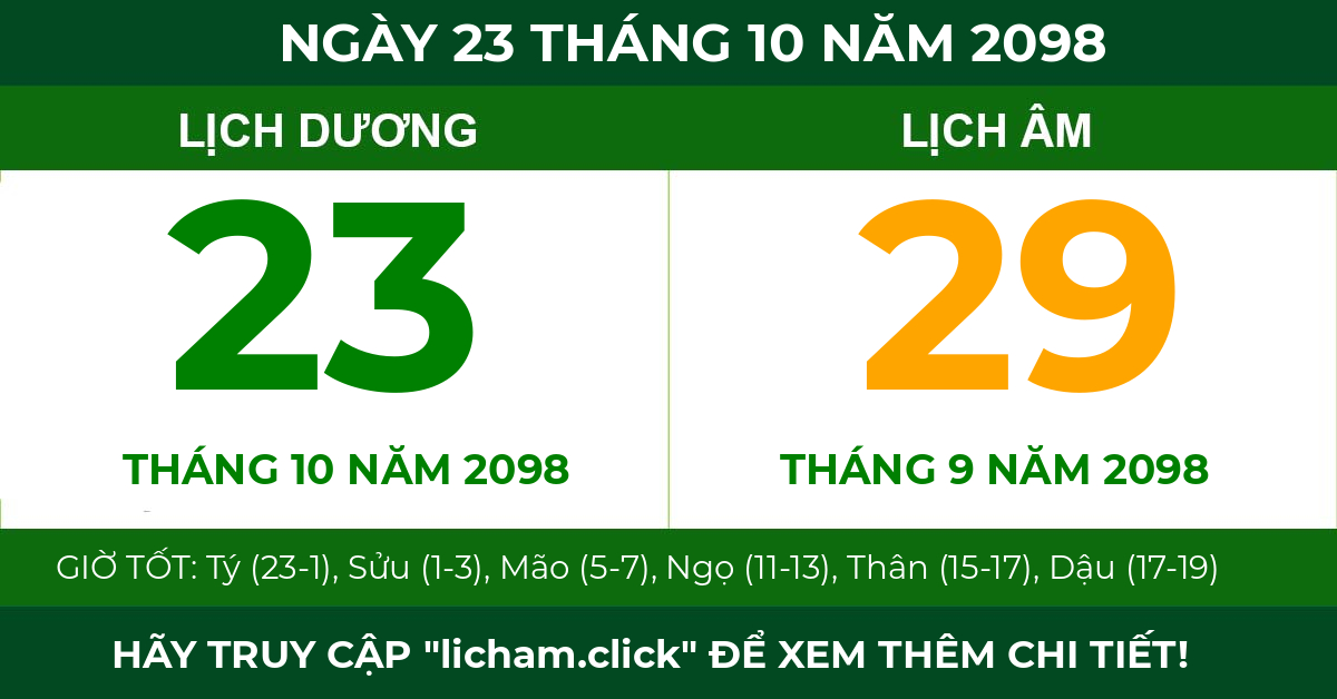 lịch âm ngày 23 tháng 10 năm 2098