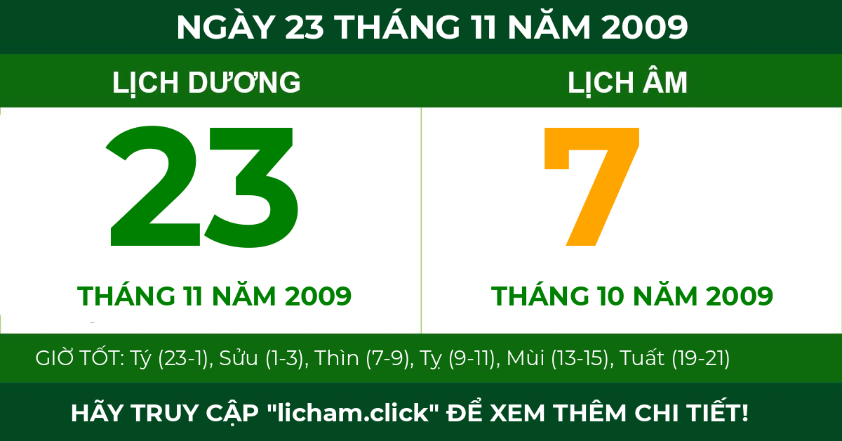 lịch âm ngày 23 tháng 11 năm 2009