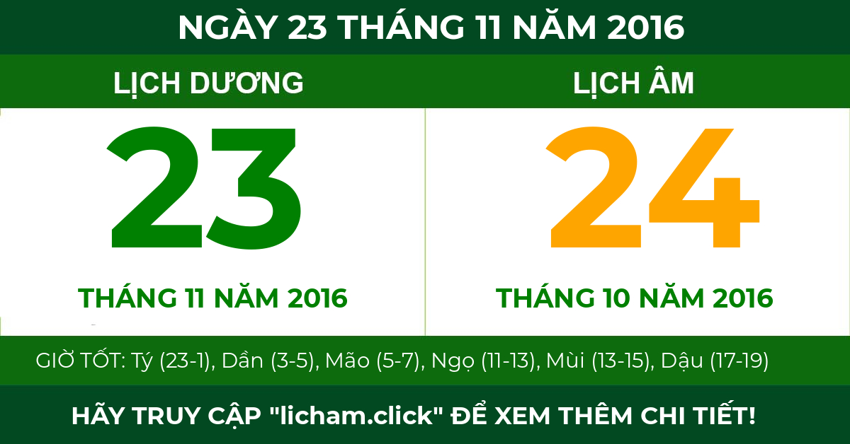 lịch âm ngày 23 tháng 11 năm 2016