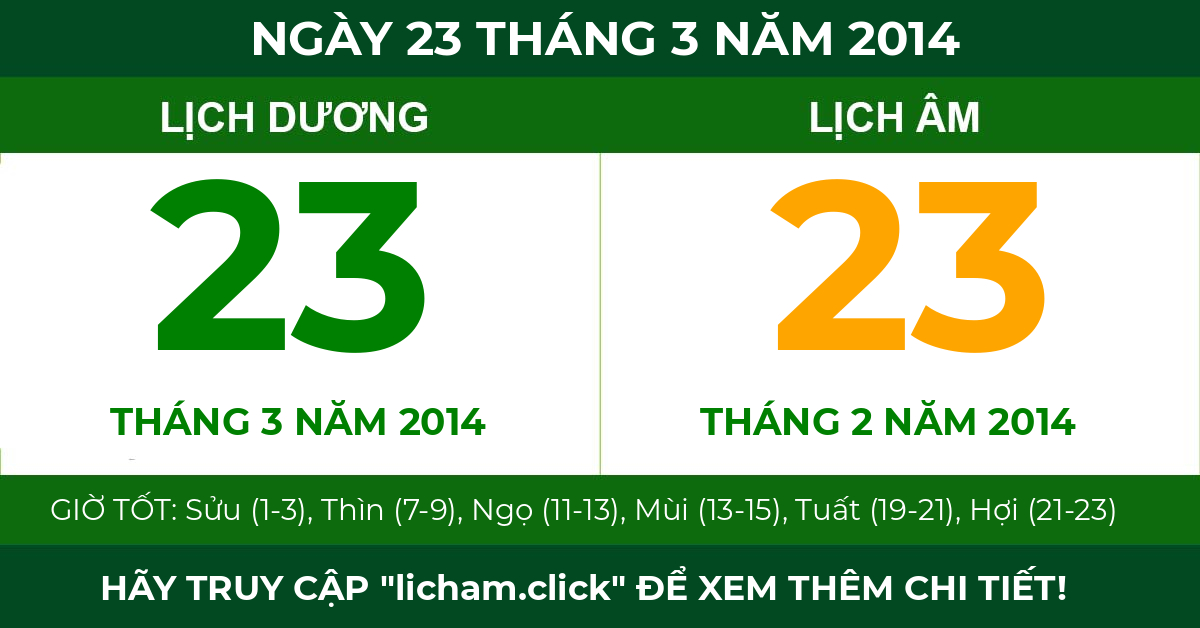 lịch âm ngày 23 tháng 3 năm 2014