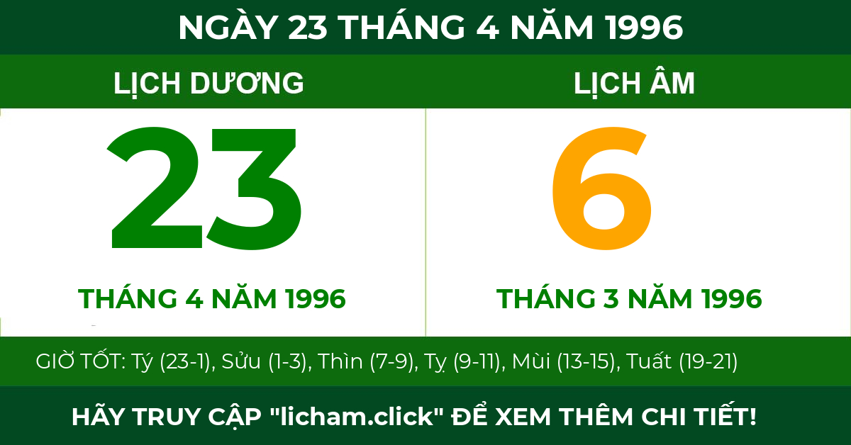 lịch âm ngày 23 tháng 4 năm 1996