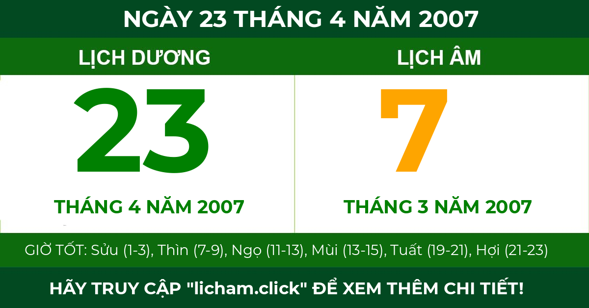 lịch âm ngày 23 tháng 4 năm 2007