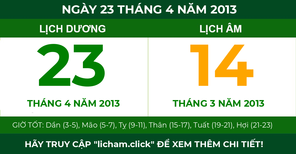 lịch âm ngày 23 tháng 4 năm 2013