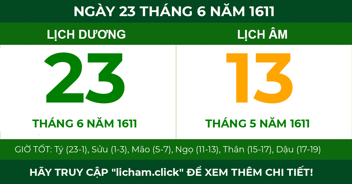 lịch âm ngày 23 tháng 6 năm 1611