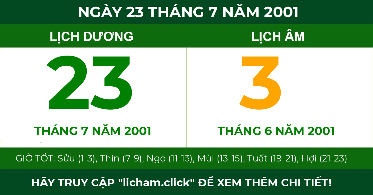 lịch âm ngày 23 tháng 7 năm 2001