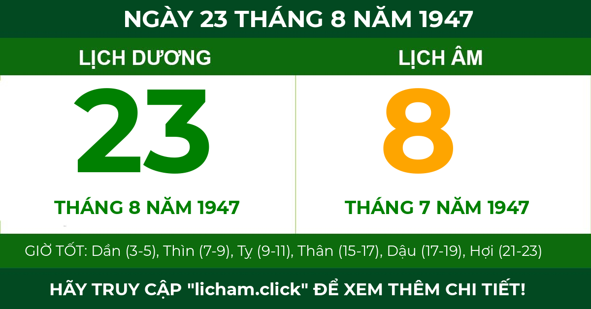 lịch âm ngày 23 tháng 8 năm 1947