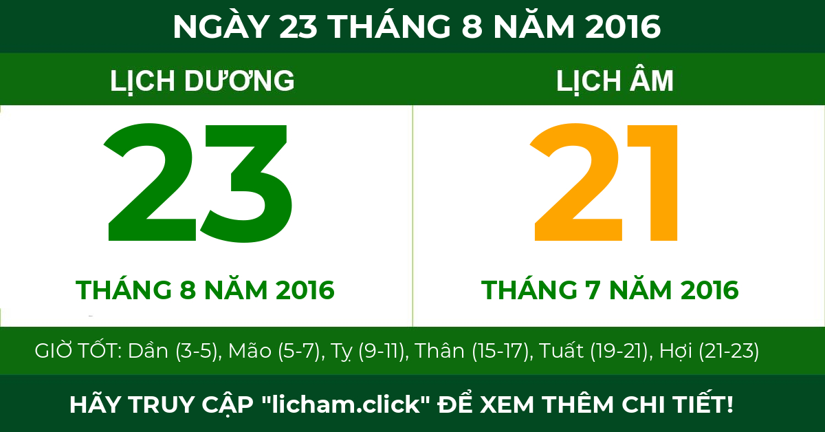 lịch âm ngày 23 tháng 8 năm 2016