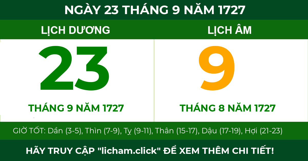 lịch âm ngày 23 tháng 9 năm 1727