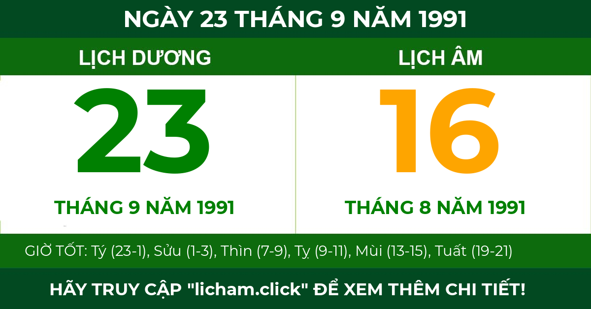 lịch âm ngày 23 tháng 9 năm 1991