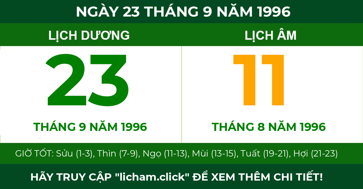 lịch âm ngày 23 tháng 9 năm 1996