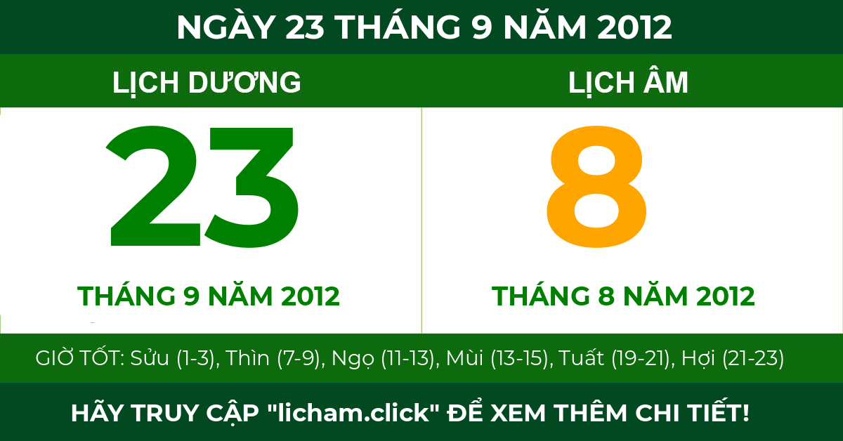 lịch âm ngày 23 tháng 9 năm 2012