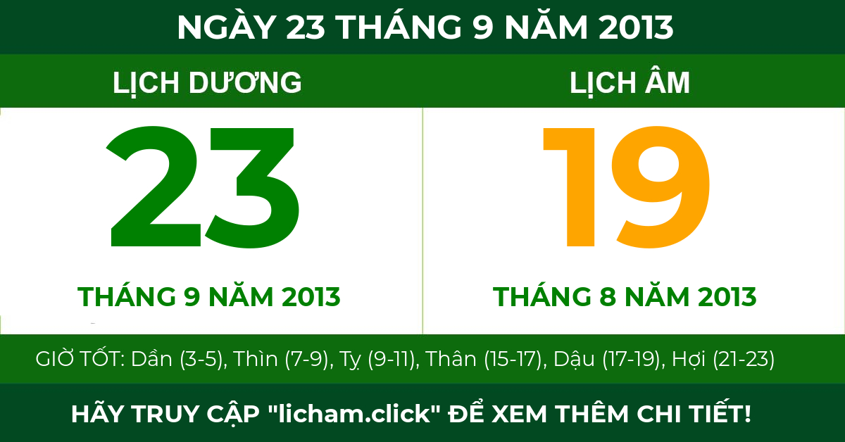 lịch âm ngày 23 tháng 9 năm 2013