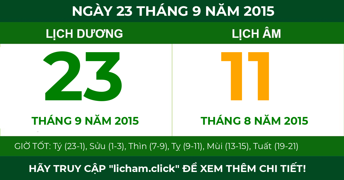 lịch âm ngày 23 tháng 9 năm 2015