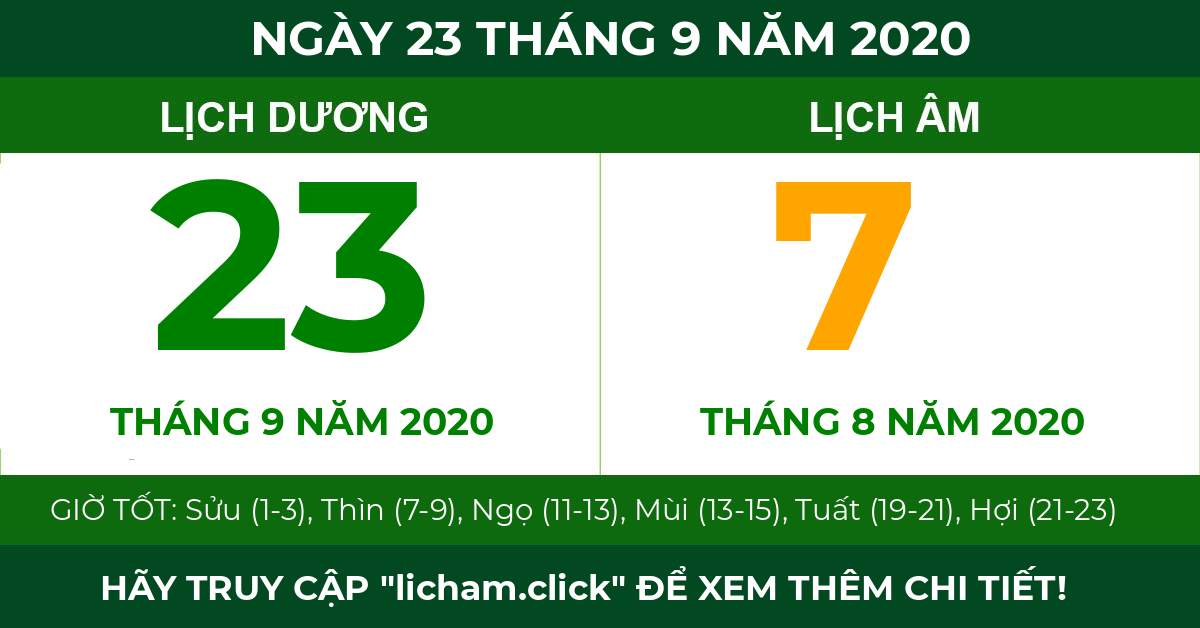 lịch âm ngày 23 tháng 9 năm 2020
