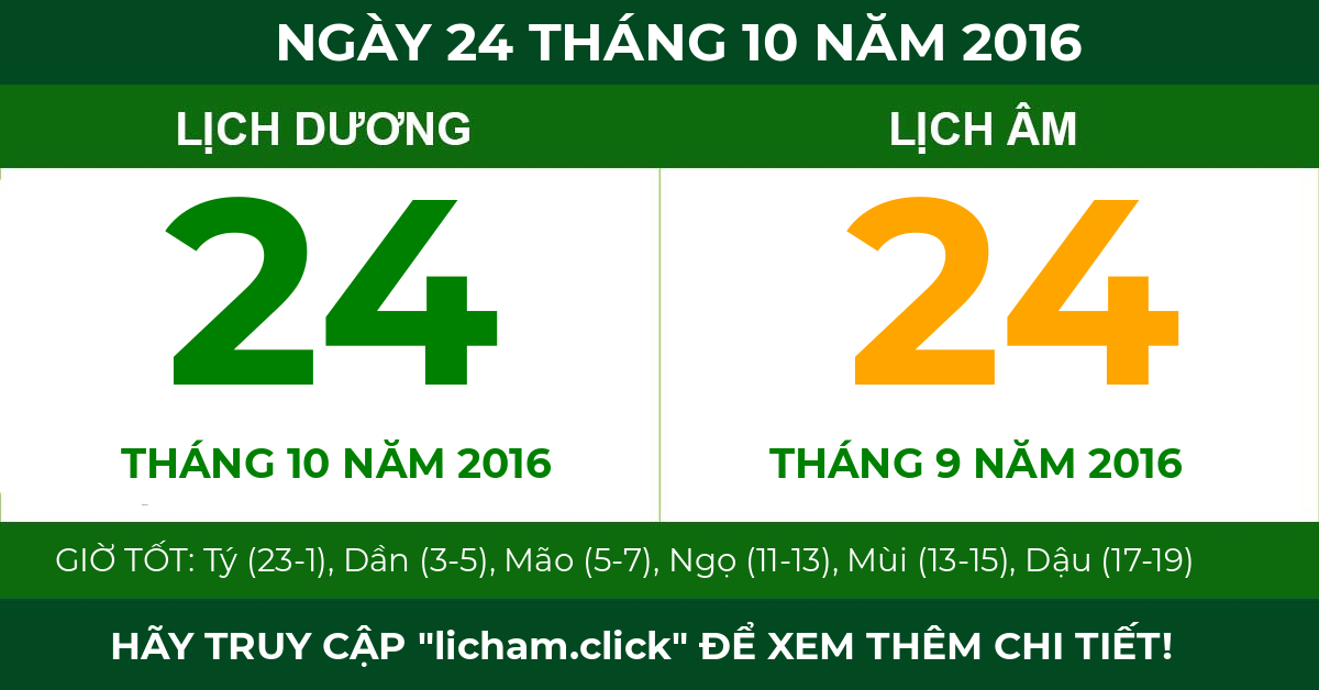 lịch âm ngày 24 tháng 10 năm 2016