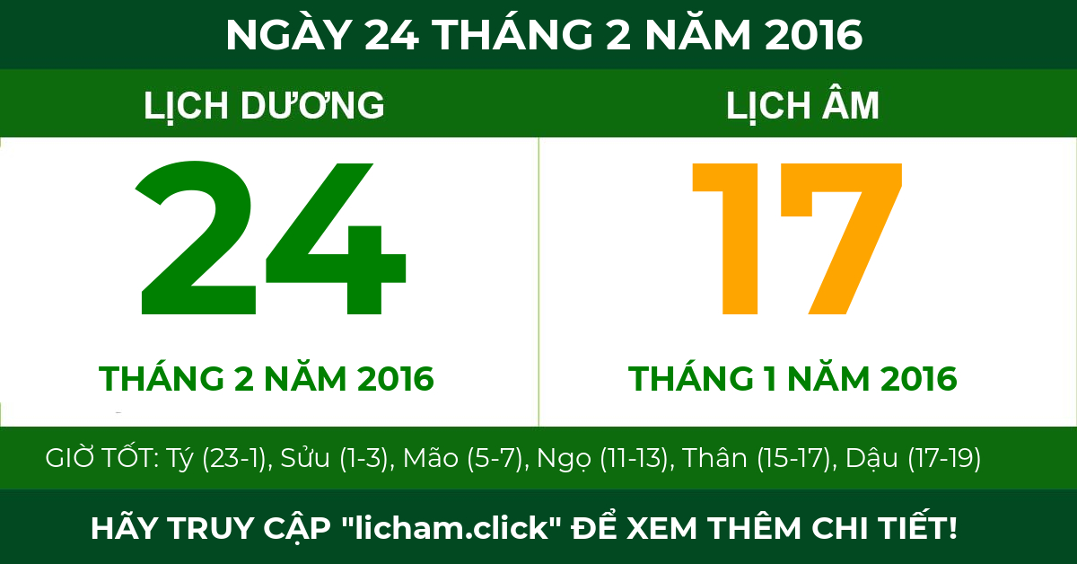 lịch âm ngày 24 tháng 2 năm 2016