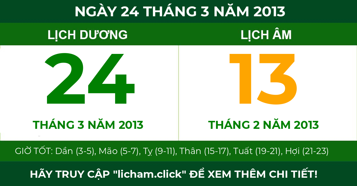 lịch âm ngày 24 tháng 3 năm 2013