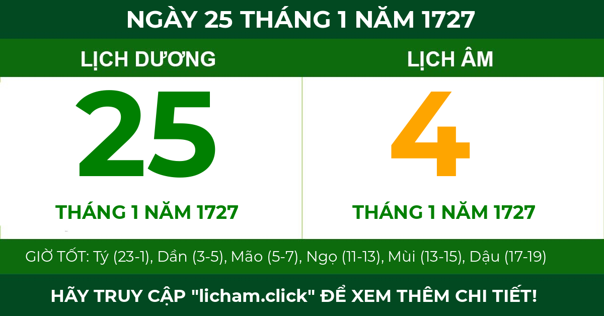 lịch âm ngày 25 tháng 1 năm 1727