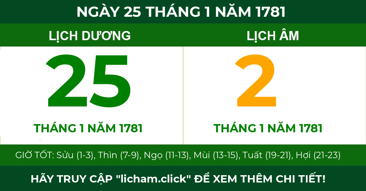 lịch âm ngày 25 tháng 1 năm 1781