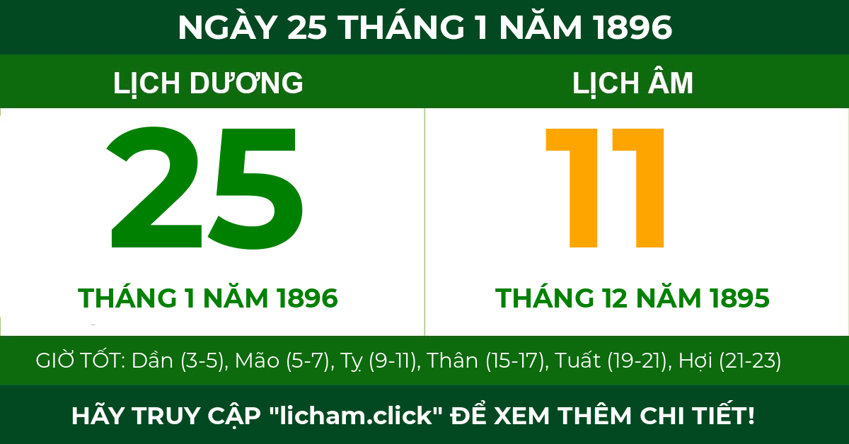 lịch âm ngày 25 tháng 1 năm 1896