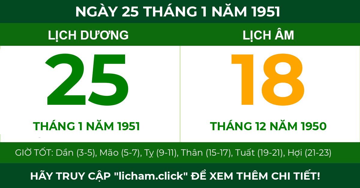 lịch âm ngày 25 tháng 1 năm 1951
