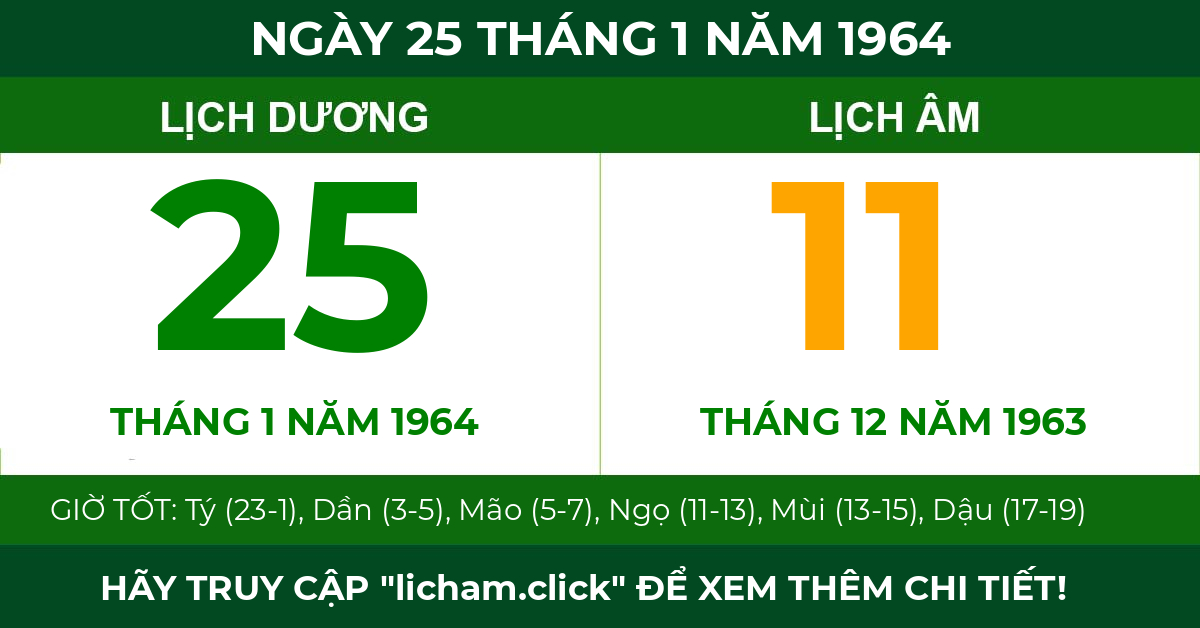 lịch âm ngày 25 tháng 1 năm 1964