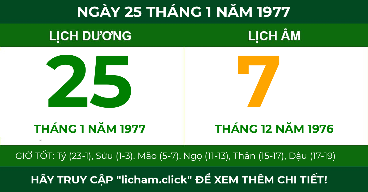 lịch âm ngày 25 tháng 1 năm 1977