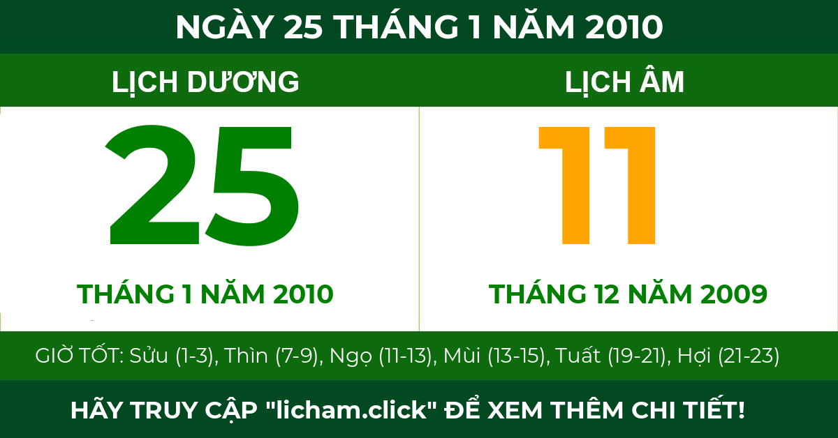 lịch âm ngày 25 tháng 1 năm 2010