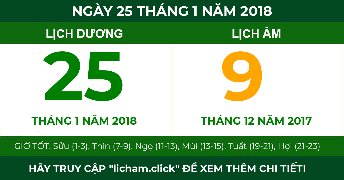 lịch âm ngày 25 tháng 1 năm 2018