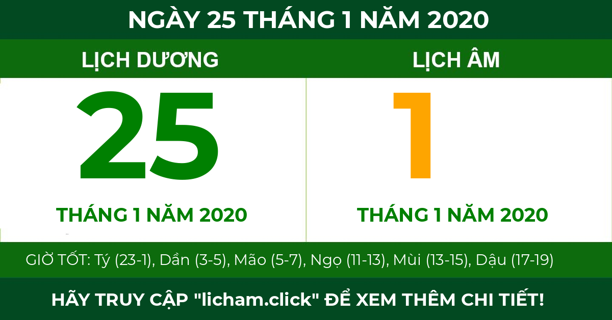 lịch âm ngày 25 tháng 1 năm 2020