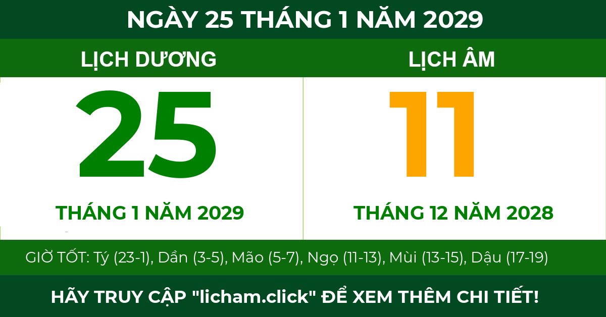 lịch âm ngày 25 tháng 1 năm 2029
