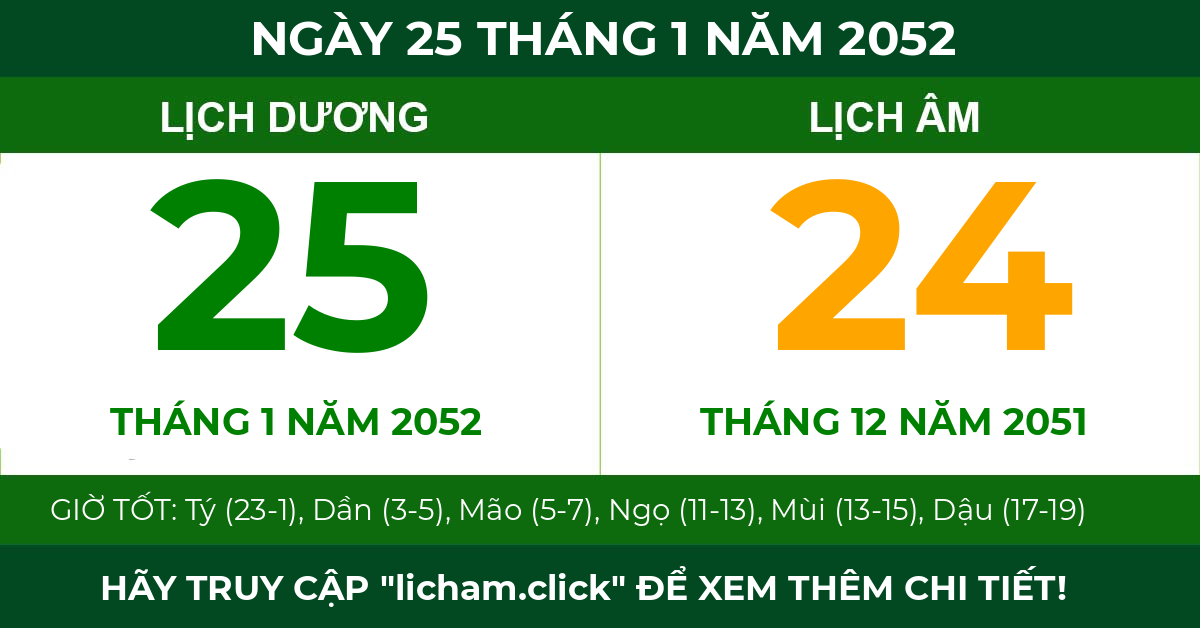 lịch âm ngày 25 tháng 1 năm 2052