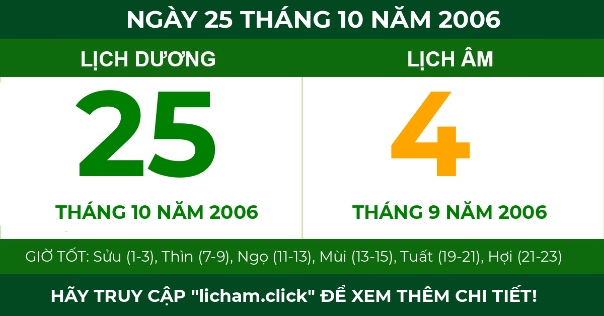lịch âm ngày 25 tháng 10 năm 2006