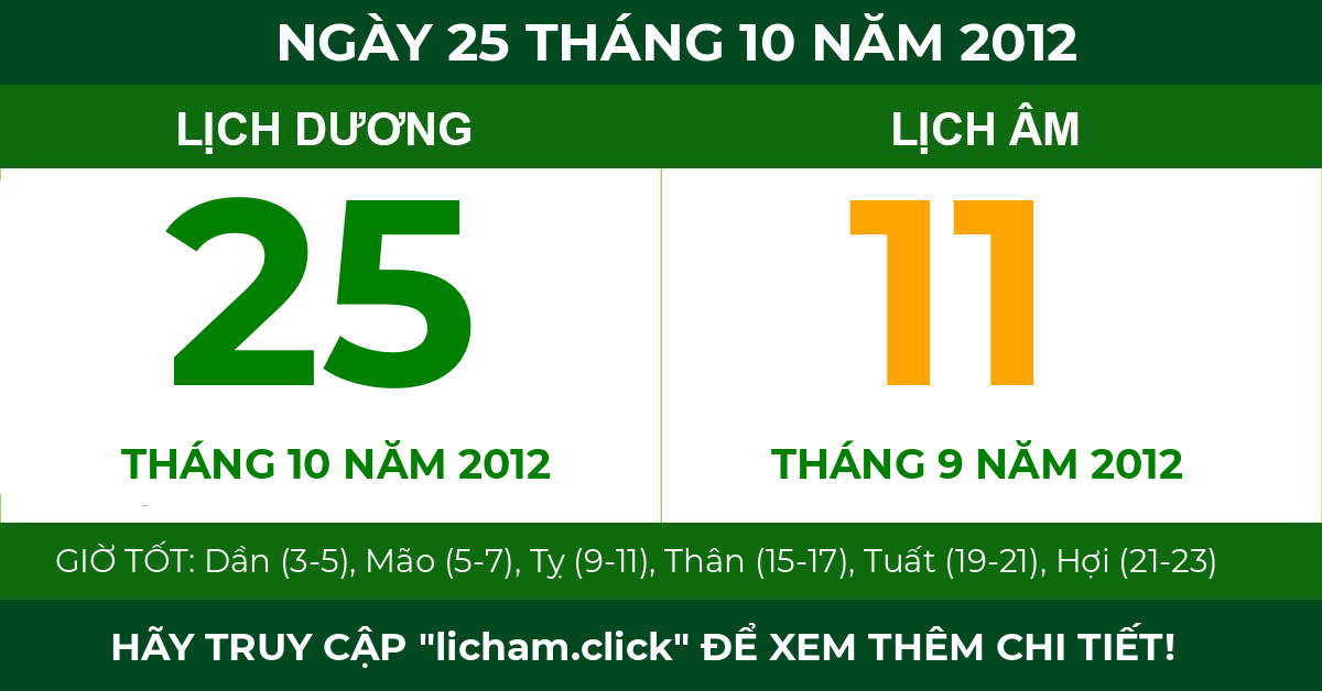 lịch âm ngày 25 tháng 10 năm 2012