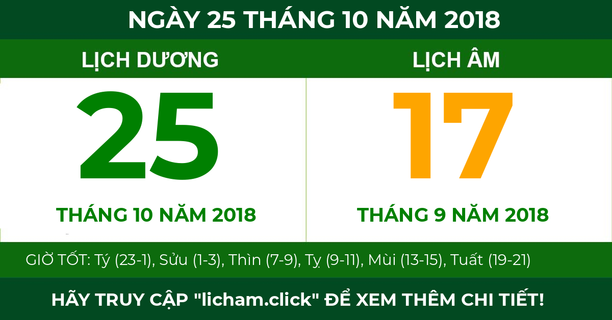 lịch âm ngày 25 tháng 10 năm 2018