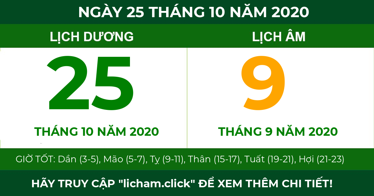 lịch âm ngày 25 tháng 10 năm 2020
