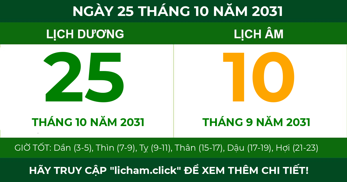 lịch âm ngày 25 tháng 10 năm 2031
