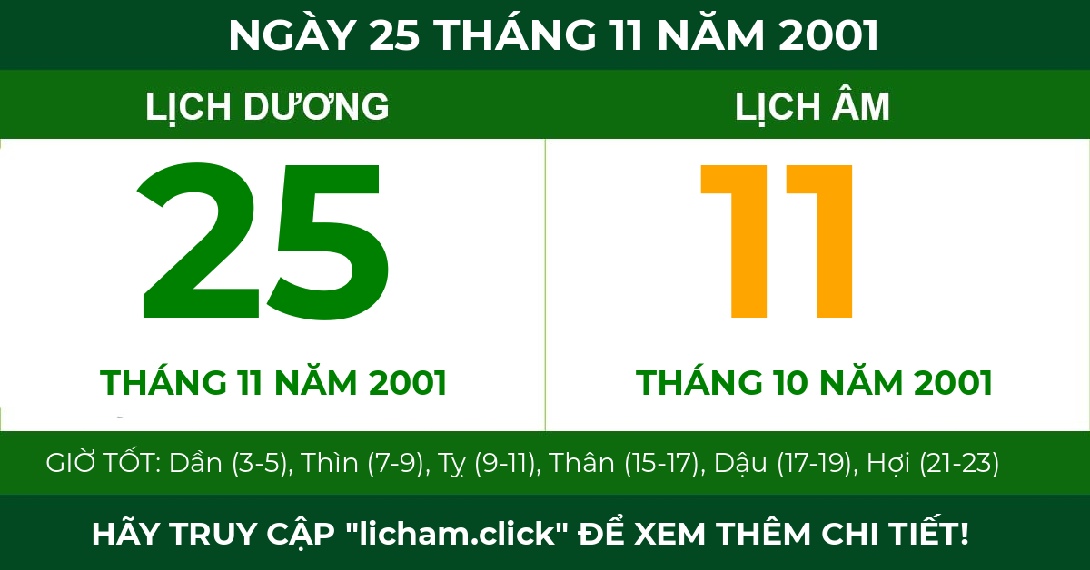lịch âm ngày 25 tháng 11 năm 2001