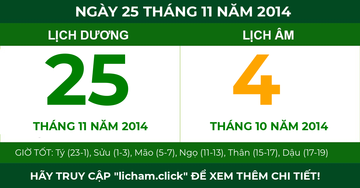 lịch âm ngày 25 tháng 11 năm 2014