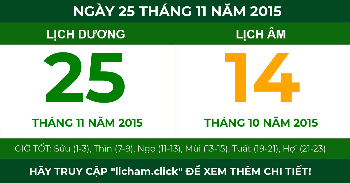 lịch âm ngày 25 tháng 11 năm 2015
