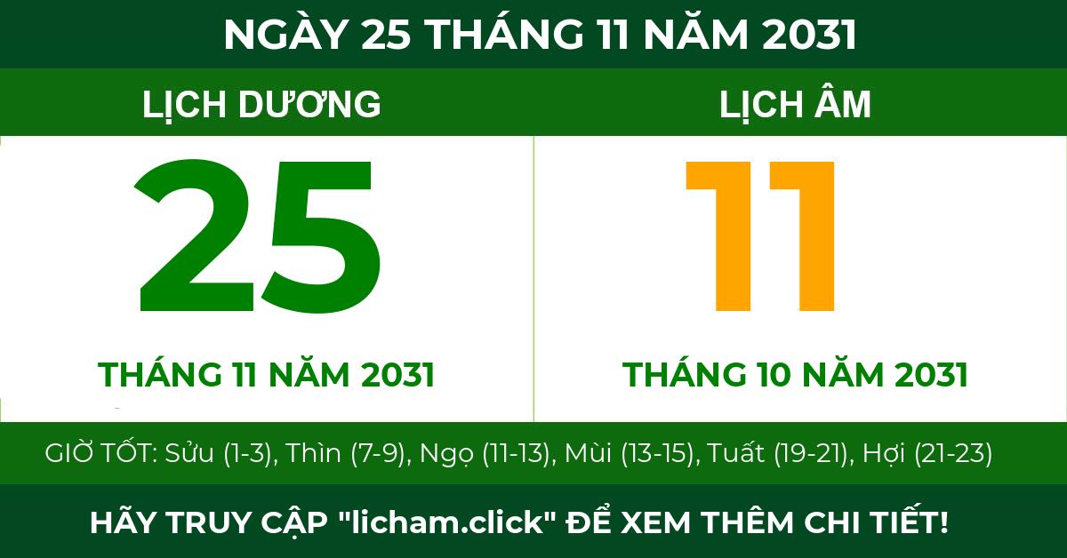 lịch âm ngày 25 tháng 11 năm 2031