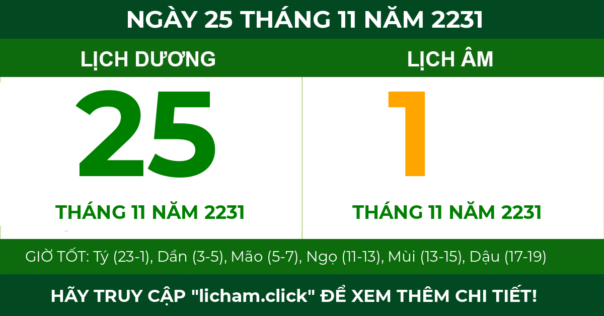 lịch âm ngày 25 tháng 11 năm 2231