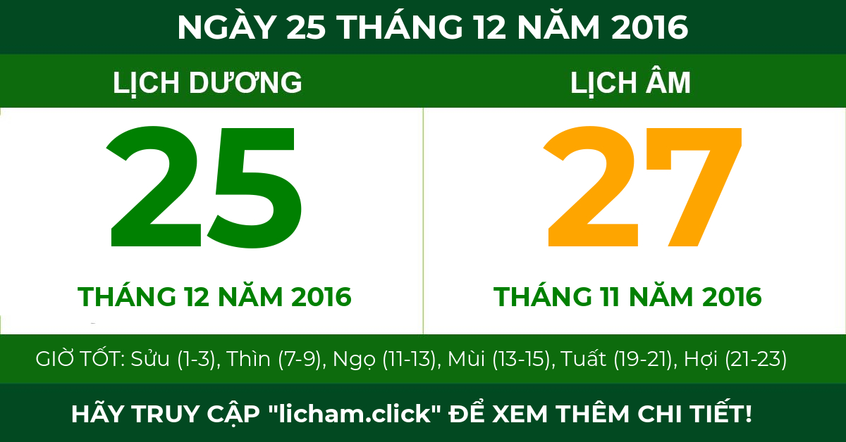 lịch âm ngày 25 tháng 12 năm 2016