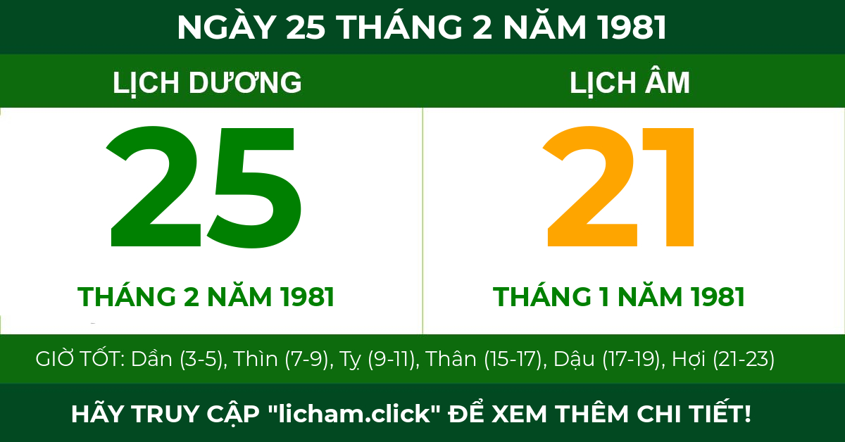 lịch âm ngày 25 tháng 2 năm 1981